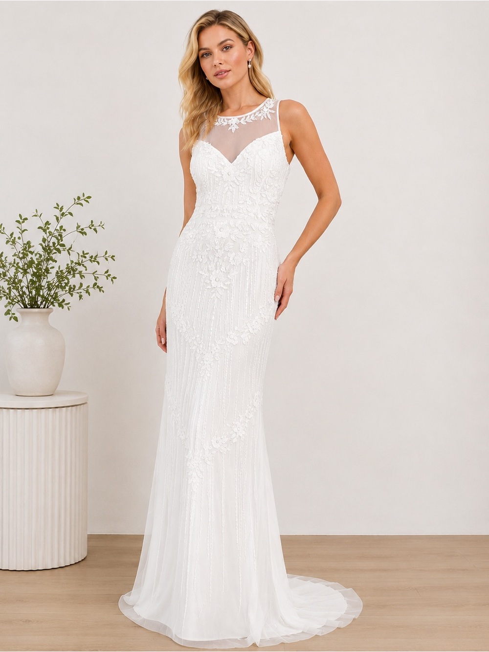 Lulus Modern Fairytale White Mesh Beaded Sequin Mermaid Maxi Dress Small NEW